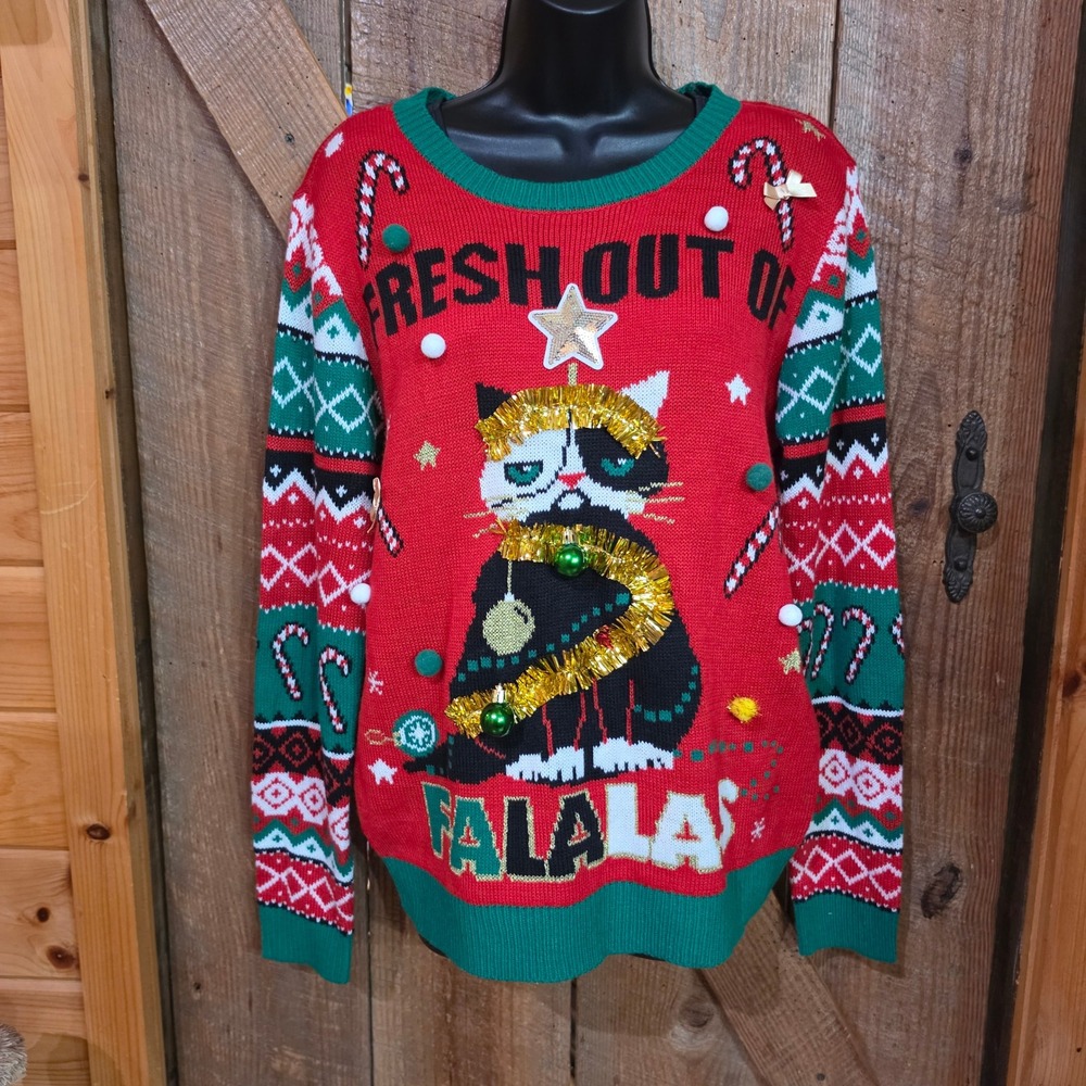 No Boundaries Grumpy Cat Ugly Christmas Sweater XL 15-17 Fresh Out of Fa La Las